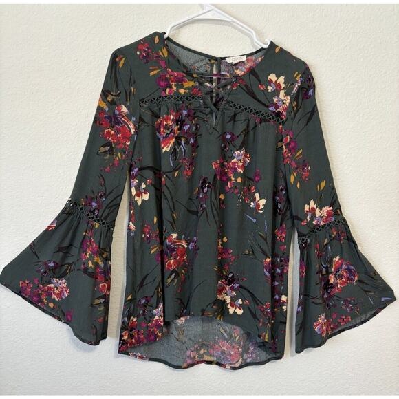 Oddy Top Womens Small Green Floral‎ Boho Long Bell Sleeve High Low Blouse (d1) - Picture 1 of 8
